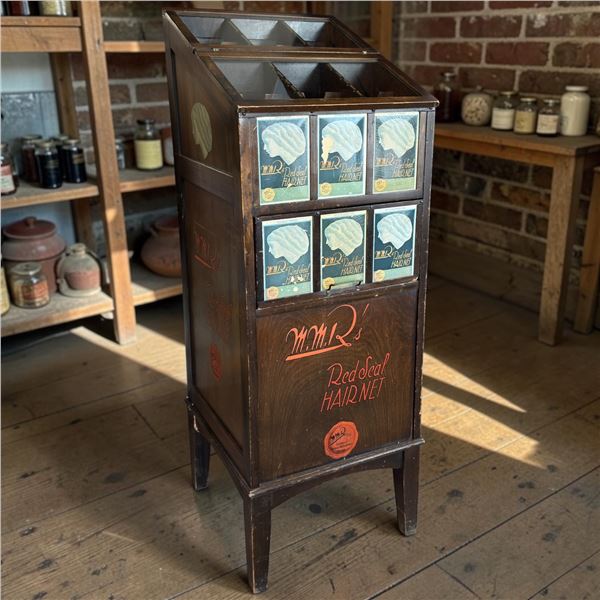 Antique Wooden Store Counter Display for M.M.R.'s Red Seal Hair Nets 17.25"x17.5x48"