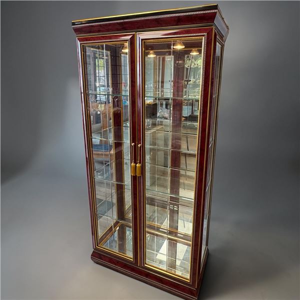 Red Veneer Ornate Empire Style Display Cabinet; Rope Trim, Mirrored, Glass Shelved, Lit & Mirror Top