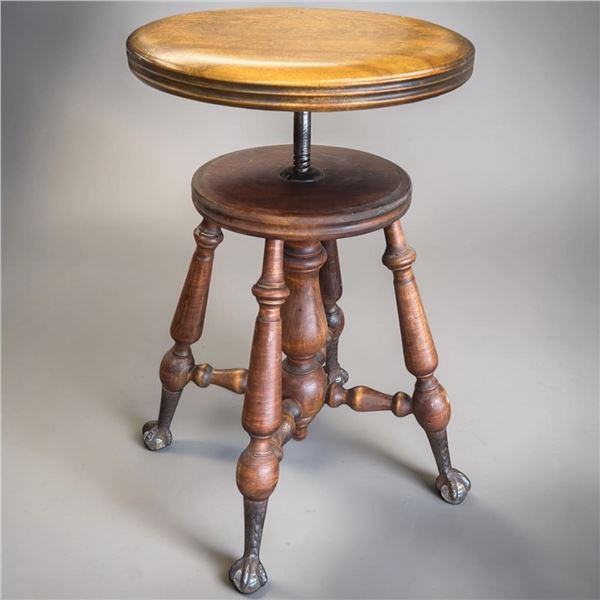 Antique Wooden Swivel Piano or Organ Stool Featuring a Round Revolving Top