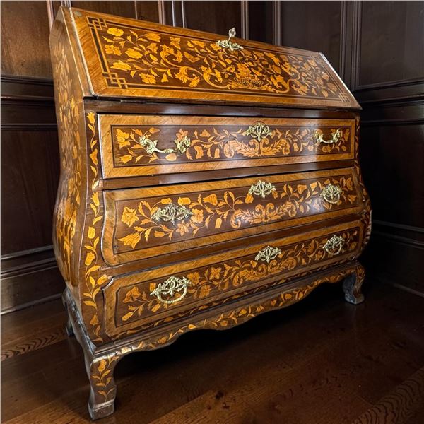 Antique 18th Cenbtruy Dutch Bombe Bureau  Floral Marquetry, Burr Walnut, 43x21x44"