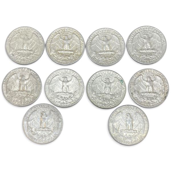 10 US 1960s "Washington" Silver Quarters - 90% Silver - 1964 and Earlier * Circulated
