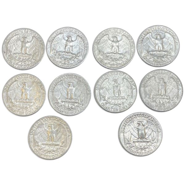 10 US 1960s "Washington" Silver Quarters - 90% Silver - 1964 and Earlier * Circulated