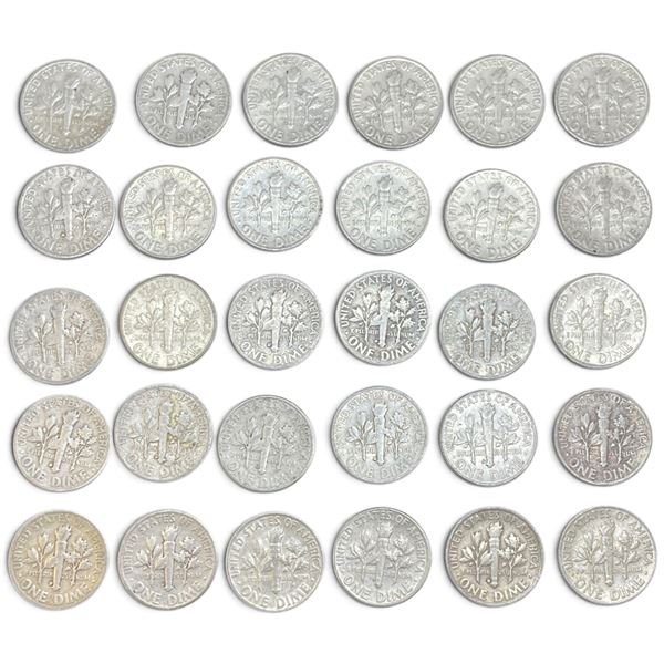 30 US "Roosevelt" Silver Dimes - 90% Silver - 1964 and Earlier * Circulated