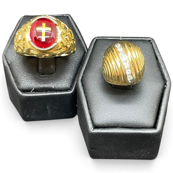 Two 18KT Gold Plated Rings - Ladies Domed Crystal Ring (size 4) and Man's Cross Embedded Ring (size 