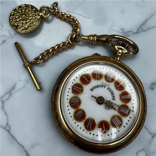 Vintage "Roskopf Patent" Gold Plated Pocket Watch with Fob - 52mm case