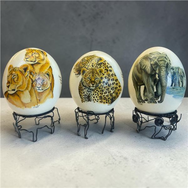 Handprinted African Real Ostrich Eggs Images of Lions, Elephants and Leopards W Stands