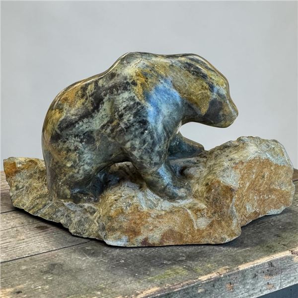 Soapstone Bear Carving Signed Frank 62' Featuring Mottled Green, Ochre & Dark Amber Hues