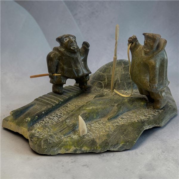 3 Piece Inuit Soapstone Carving Seal Hunt Scene Green Colour