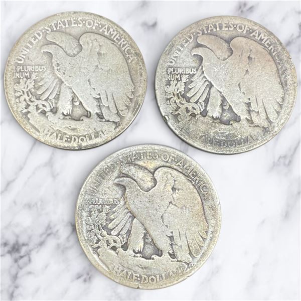 3 Antique US "Walking Liberty" Silver Half Dollar Coins - 90% Silver - (1920, and dates worn off) *