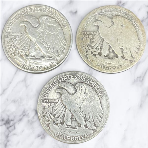 3 US 1940s "Walking Liberty" Silver Half Dollar Coins - 90% Silver - (1942, 1945, & 1 date worn off)
