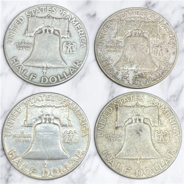 4 US 1950 "Franklin" Silver Half Dollar Coins - 90% Silver * Circulated