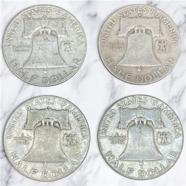 4 US 1951 "Franklin" Silver Half Dollar Coins - 90% Silver * Circulated