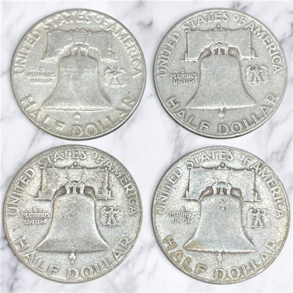 4 US 1950s "Franklin" Silver Half Dollar Coins - 90% Silver - (1951, 2 x 1952 & 1 x 1954) * Circulat