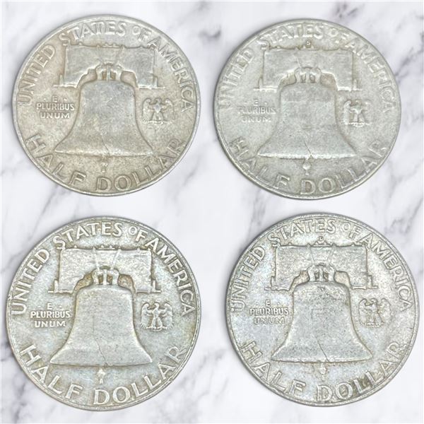 4 US 1950s "Franklin" Silver Half Dollar Coins - 90% Silver - (1954, 1958 & 2 x 1959) * Circulated