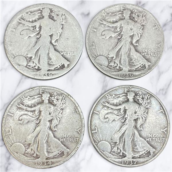 4 US 1930s "Walking Liberty" Silver Half Dollar Coins - 90% Silver - (1934, 2 x 1936, & 1937) * Circ