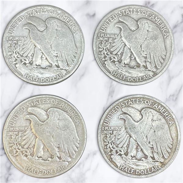 4 US 1940s "Walking Liberty" Silver Half Dollar Coins - 90% Silver - (1942, 2 x 1943, & 1946) * Circ