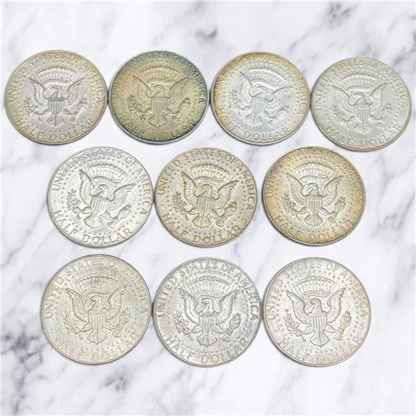 10 US 1960s Kennedy Silver Half Dollar Coins - 40% Silver (1965 - 1969) Circulated