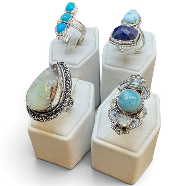 4 New Gemstone & Crystal Rings * all stamped .925 * (Turquoise, Amethyst, and Agate ) Longest ring f