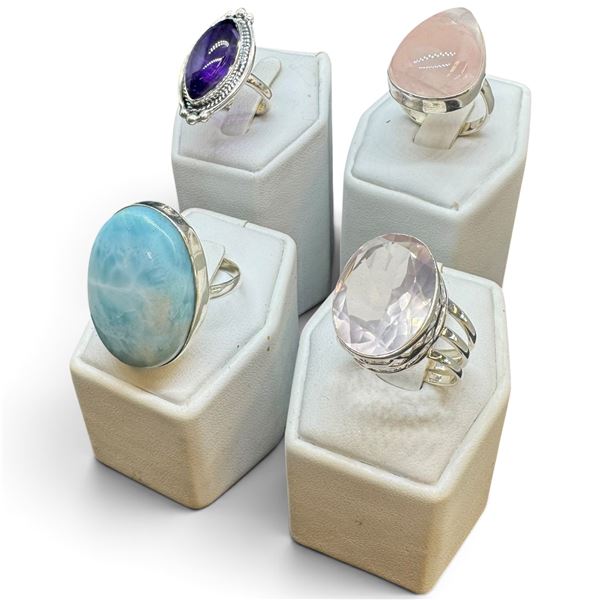 4 New Gemstone & Crystal Rings * all stamped .925 * (Larimar, Amethyst, and Rose Quartz ) Longest ri
