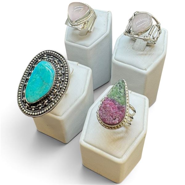4 New Gemstone & Crystal Rings * all stamped .925 * (Turquoise, Ruby Zosite, and Rose Quartz ) Longe