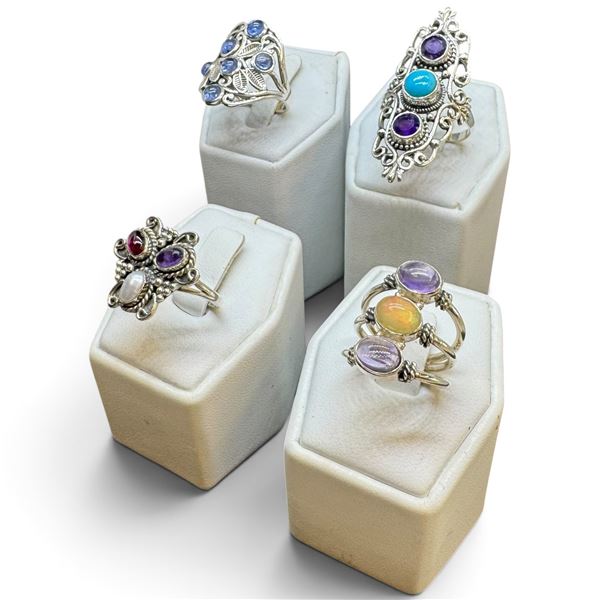 4 New Gemstone & Crystal Rings  * all stamped .925 * (Turquoise, Amethyst Crystal, Opal, and Garnet 