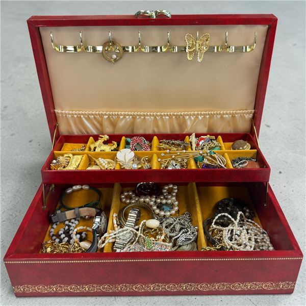Red Leather Jewelry Box and Contents - Brooches, Necklaces, Watch and more * Box measures 8" x 11" x