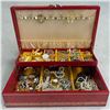 Image 1 : Red Leather Jewelry Box and Contents - Brooches, Necklaces, Watch and more * Box measures 8" x 11" x