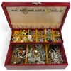 Image 2 : Red Leather Jewelry Box and Contents - Brooches, Necklaces, Watch and more * Box measures 8" x 11" x