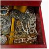 Image 3 : Red Leather Jewelry Box and Contents - Brooches, Necklaces, Watch and more * Box measures 8" x 11" x