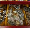 Image 4 : Red Leather Jewelry Box and Contents - Brooches, Necklaces, Watch and more * Box measures 8" x 11" x