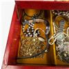 Image 5 : Red Leather Jewelry Box and Contents - Brooches, Necklaces, Watch and more * Box measures 8" x 11" x