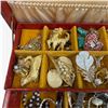 Image 6 : Red Leather Jewelry Box and Contents - Brooches, Necklaces, Watch and more * Box measures 8" x 11" x
