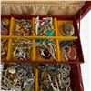 Image 7 : Red Leather Jewelry Box and Contents - Brooches, Necklaces, Watch and more * Box measures 8" x 11" x