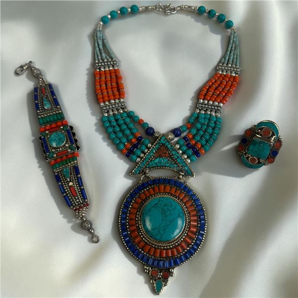 Set of Tibetan Silver Natural Gemstone & Mosaic Jewelry - Necklace, Bracelet and Ring (ring is stamp
