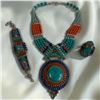 Image 1 : Set of Tibetan Silver Natural Gemstone & Mosaic Jewelry - Necklace, Bracelet and Ring (ring is stamp