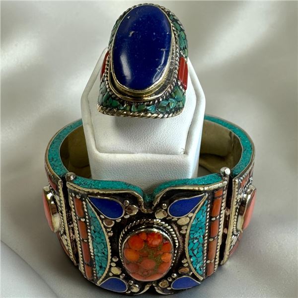 Tibetan Silver Natural Gemstone & Mosaic Hinged Cuff Bracelet & Ring with Lapis Center Stone (ring f