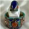 Image 1 : Tibetan Silver Natural Gemstone & Mosaic Hinged Cuff Bracelet & Ring with Lapis Center Stone (ring f