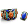 Image 3 : Tibetan Silver Natural Gemstone & Mosaic Hinged Cuff Bracelet & Ring with Lapis Center Stone (ring f