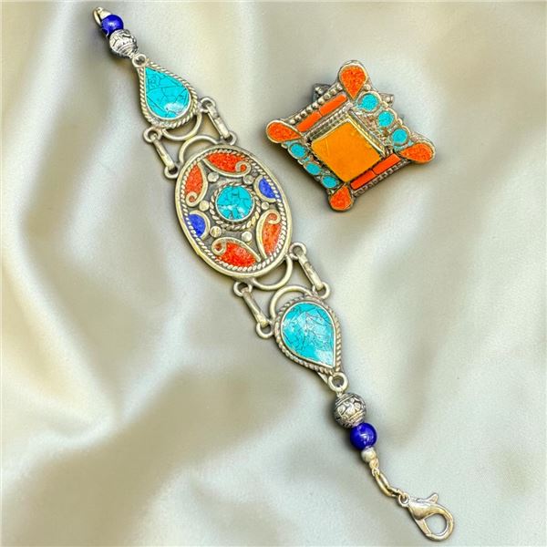 Tibetan Silver Natural Gemstone & Mosaic Bracelet & Ring (ring face is 35 x 35mm and bracelet is 29