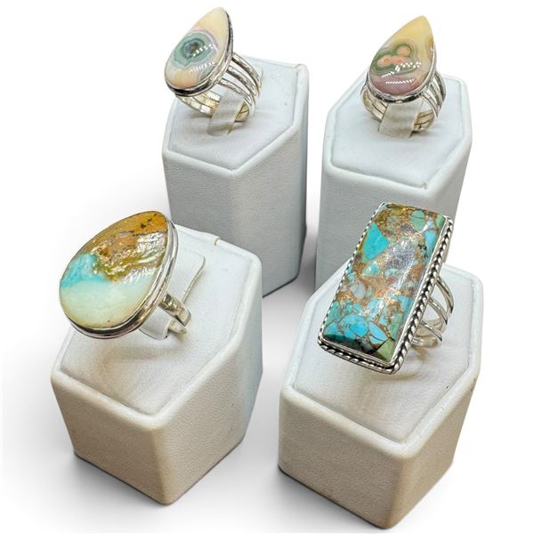 4 New Gemstone & Agate Rings * all stamped .925 * (Ocean Jasper, Copper Turquoise, and Picture Jaspe