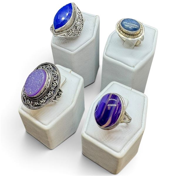 4 New Gemstone & Crystal Rings * all stamped .925 * (Botswana Agate, Lapis, Druzy, and Labradorite )