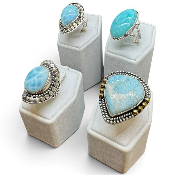 4 New Gemstone Rings * all stamped .925 *(Larimar, and Ocean Agate ) Longest ring face is 34 mm * To
