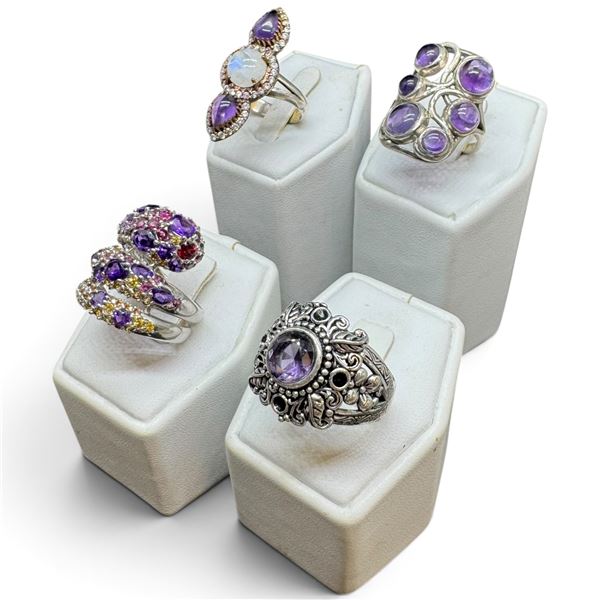 4 New Gemstone & Crystal Rings * all stamped .925 * (Cabochon and Faceted Amethyst Crystal ) Longest