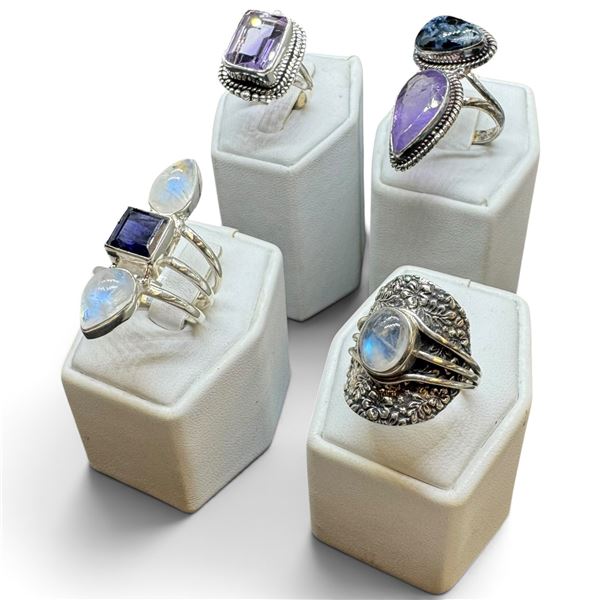 4 New Gemstone & Crystal Rings * all stamped .925 * (Cabochon and Faceted Amethyst, Moonstone & Agat
