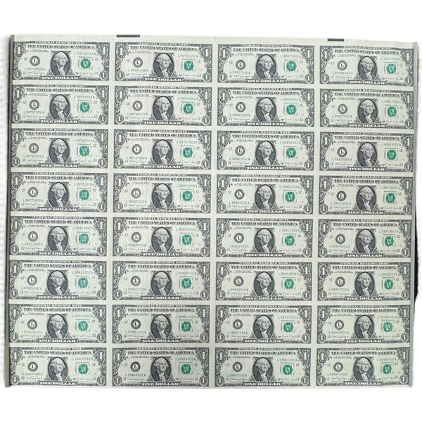 1988 Uncut Sheet of 32 US $1 Bills - 1988 A Series - L Prefix