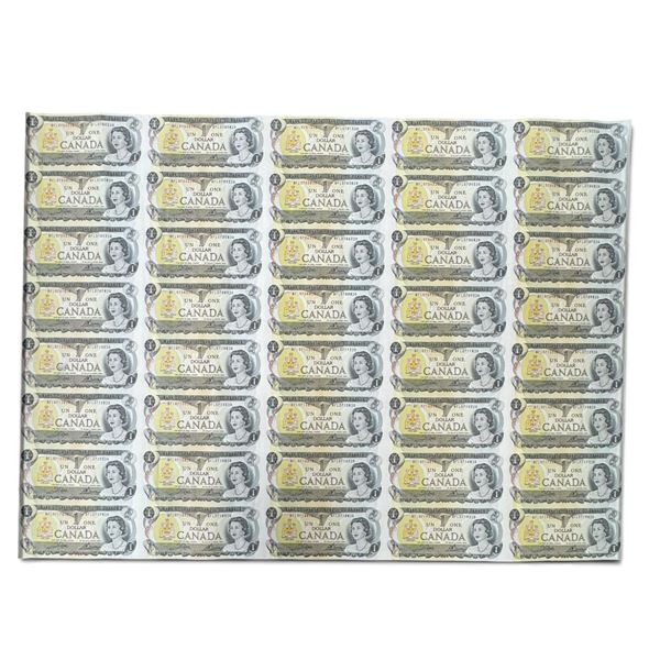 1973 Uncut Sheet of 40 Canadian $1 Bills - BFL Prefixes