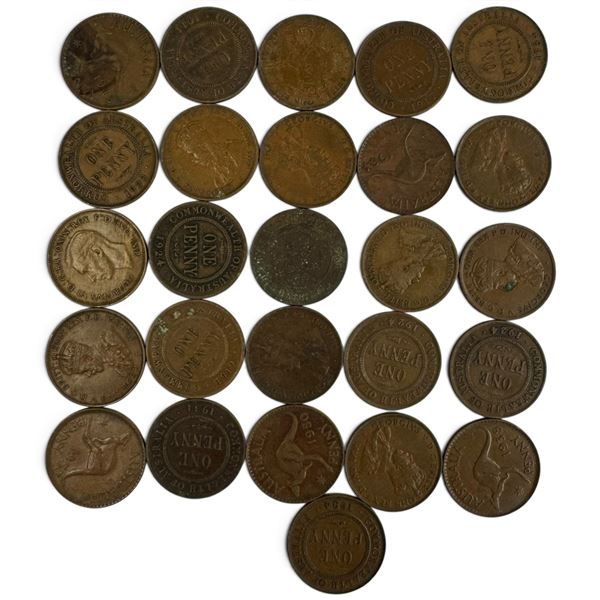 26 Australian Large Penny Bronze Coins - 97% Copper - 1910s - 1964 (with gaps)* Circulated