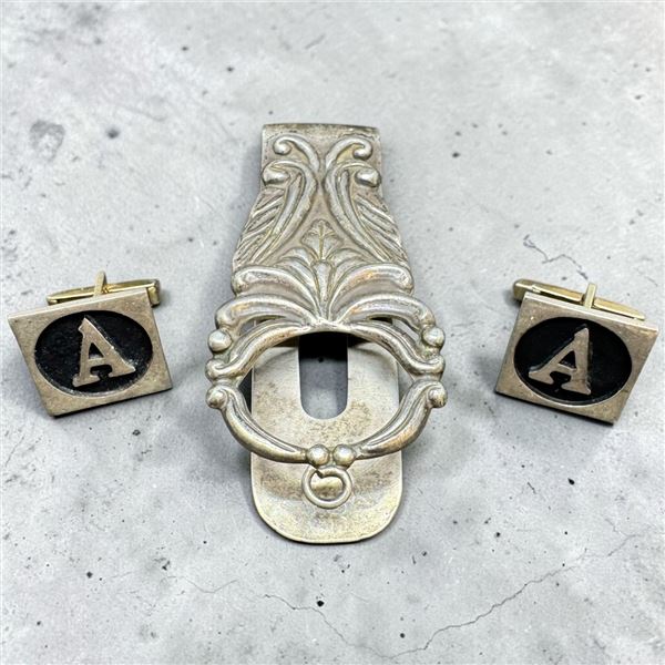.925 Silver Vintage Mexican Purse Key Hook & Cufflinks (Monogram "A") * Total weight: 42.7 grams