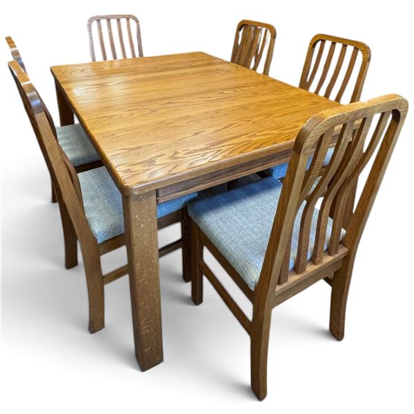 Solid Oak Dining Set Square Table & 6 Chairs Light Blue Upholstered