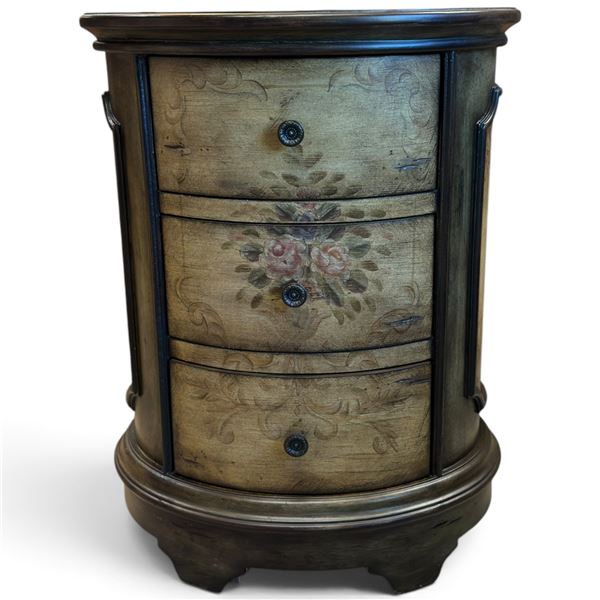 Round Front Painted Three-drawer Accent Chest with Floral Motifs and Carved Details 21x27x16"